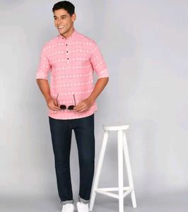 Men&#39;s Pink Printed Kurta Shirt