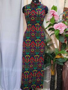 Vibrant Geometric Print Mock Neck Dress