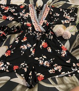 Black Flower Print Playsuit