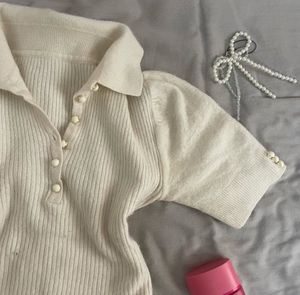 Chic Cream Knit Polo Top (bust 30-34)