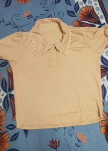 Korean Beige Top with Pearl Collar
