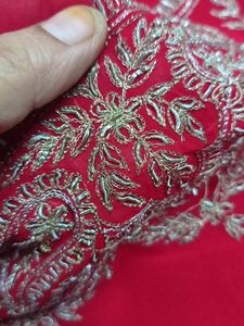 New Red Crepe Saree Silver Metallic Thread Work