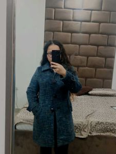 Elegant Blue Tweed Korean Coat