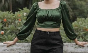 Green Long Sleeve Crop Top