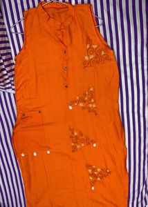 HANDWORK ORANGE SLEEVELESS KURTI