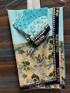 sea green with blue shade flower print saree wit