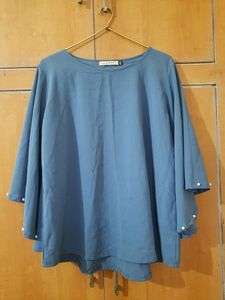 Blue Kaftan Pearl Studded Flared Sleeves Top