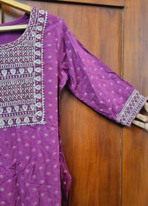Purple Embroidered Kurti Set