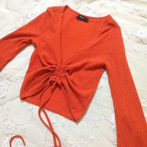 Shein Rusty Orange Drawstring Ribbed  Top