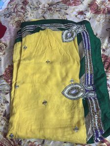 Yellow & Green Embellished Sari
