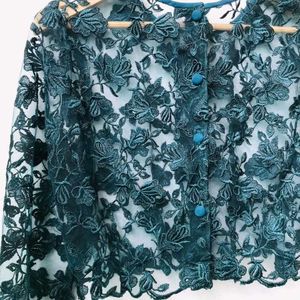 Korean Crop Sheer Floral Green Top