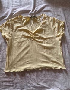 Cute Yellow Ribbed V-Neck Top