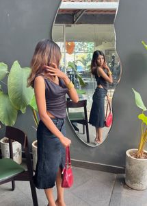 Black Denim Slit Midi Skirt