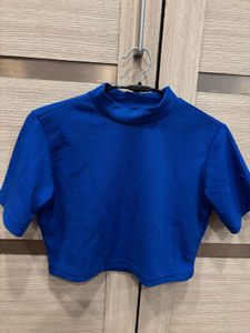 Blue Crop Top, with Mandarin Collar
