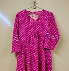 Pink and White Leheriya Printed Angrakha Kurta