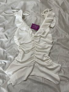 Chic White Ruffled Ruched Top