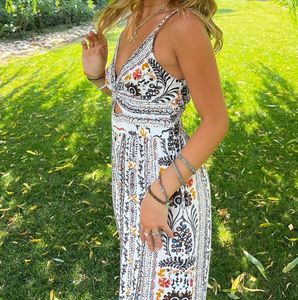White Boho Print Cutout Jumpsuit