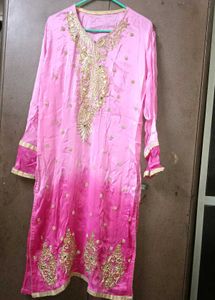 pink colorblocked kurta with embroidery