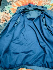Blue Polyester Jacket With Hoodie
