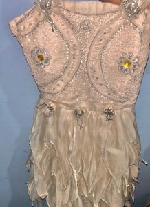 White Party Wear Designer Dress with Beads &amp; Flora