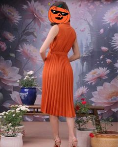 Orange Pleated Midi Dress