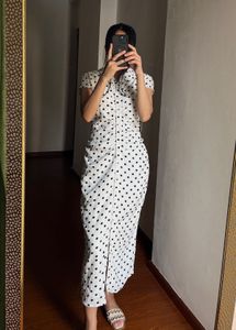 White &amp; Black Spot Print Ruched Front MIDI Dress
