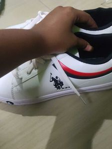 White Sneakers with Red &amp; Navy Stripes