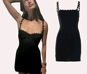 Hailey Bieber Newme Black Lace Strap Dress