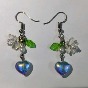 Handmade Shiny Heart Earrings with Flower and Leaf