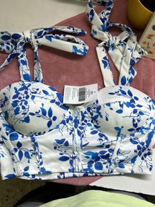 White And Blue Print Crop Top