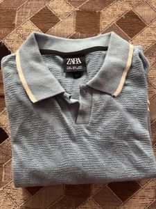 Zara Blue Textured Polo Shirt - Size M
