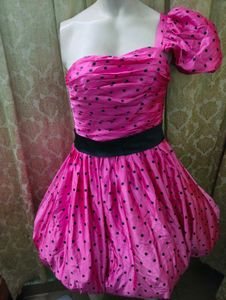 Pink Polka Dot One-Shoulder Dress