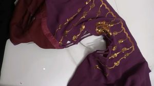 Beige &amp; Purple Embroidered  Saree Sequence Glam