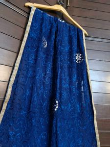 Women Blue Cotton Printed Embroidered Suit Set