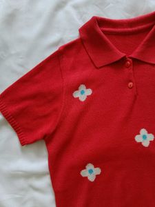 Red Sweet Floral Printed Polo Shirt
