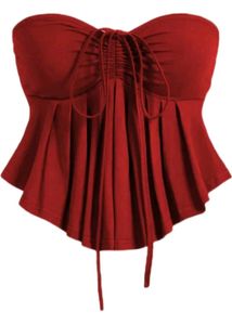 Red Ruched Tie-Front Tube Top