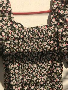 Floral Midi Dress With Slit And Puff Sleeves