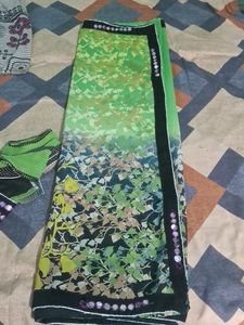 Green Saree With Mirror Work