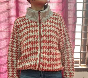 Houndstooth Zip-Up Knit Jacket