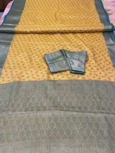Elegant Yellow Saree with Blue Brocade Border- New