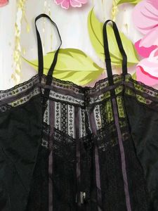 (1129)Lace Trim Black Bodysuit