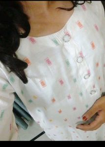 white printed cotton mix rayon kurti long straight