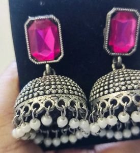 Pink Stone Jhumka Earrings
