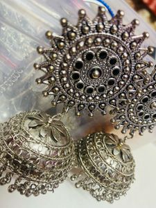 Silver Tone Boho Jhumka Earrings