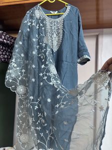 Stunning Bluish grey Embroidered 3 piece suit