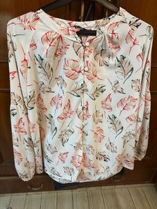 Leaf Print Button-Up Blouse