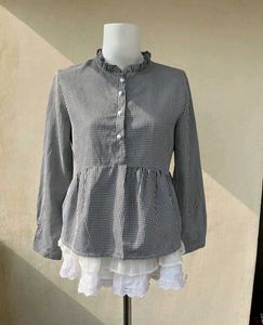 Gingham Tulle Puff Sleeve Top
