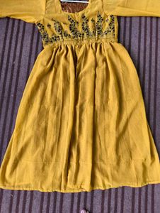 Yellow Embroidered Front Open Kurti
