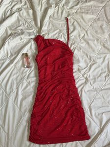 red ruched mini one shoulder dress