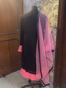 Elegant Black &amp; Neon Pink Embroidered Set